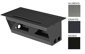 Caja Elctrica para Mesa de Reunin, Metlica, Doble, 
1 Tapa, 2 mdulos de 3 enchufes universales, estructura metlica con tapa abatible para ocultar enchufes. Medidas 288 mm. largo, 138 mm. ancho, 106 mm. fondo. www.yolae.cl