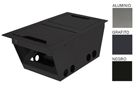 Caja Elctrica para Mesa de Reunin, Metlica, Simple, 
Doble Tapa, 2 mdulos de 3 enchufes universales, estructura metlica con tapa abatible para ocultar enchufes. Medidas 262 mm. largo, 168 mm. ancho, 106 mm. fondo. www.yolae.cl